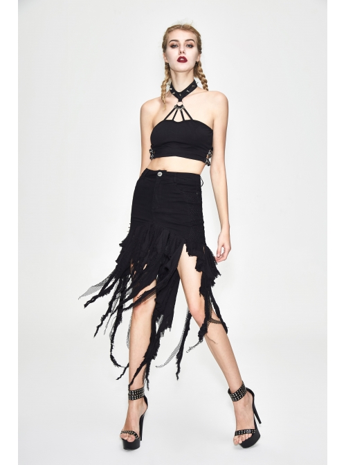 Irregular Mesh Strip Rough Selvedge Hem Black Punk Package Hip Half Skirt