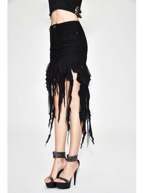 Irregular Mesh Strip Rough Selvedge Hem Black Punk Package Hip Half Skirt