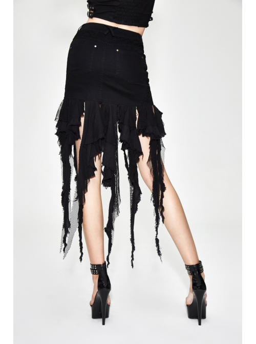 Irregular Mesh Strip Rough Selvedge Hem Black Punk Package Hip Half Skirt
