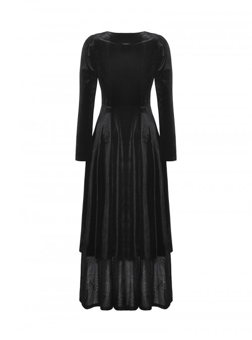 Black Elegant Velvet Unique Bat Deep U Neck Irregular Hem Gothic Style Long Sleeves Slim Dress