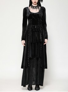 Black Elegant Velvet Unique Bat Deep U Neck Irregular Hem Gothic Style Long Sleeves Slim Dress