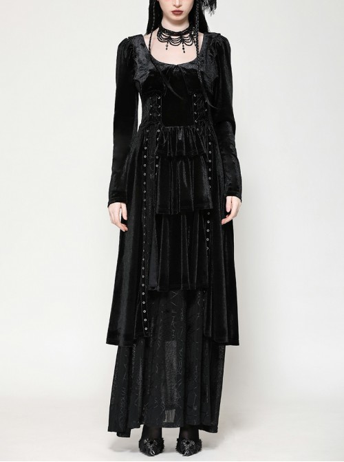 Black Elegant Velvet Unique Bat Deep U Neck Irregular Hem Gothic Style Long Sleeves Slim Dress