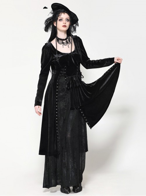 Black Elegant Velvet Unique Bat Deep U Neck Irregular Hem Gothic Style Long Sleeves Slim Dress