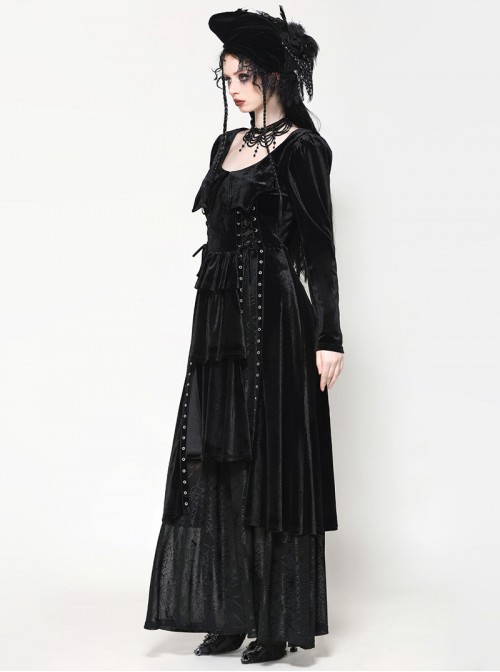 Black Elegant Velvet Unique Bat Deep U Neck Irregular Hem Gothic Style Long Sleeves Slim Dress