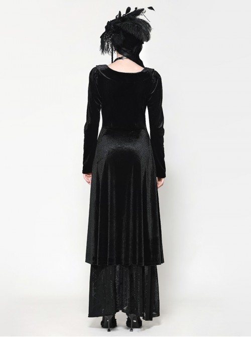 Black Elegant Velvet Unique Bat Deep U Neck Irregular Hem Gothic Style Long Sleeves Slim Dress