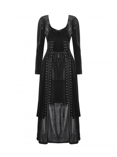 Black Elegant Velvet Unique Bat Deep U Neck Irregular Hem Gothic Style Long Sleeves Slim Dress