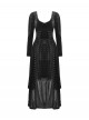 Black Elegant Velvet Unique Bat Deep U Neck Irregular Hem Gothic Style Long Sleeves Slim Dress