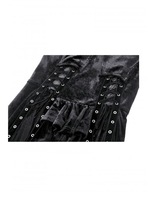 Black Elegant Velvet Unique Bat Deep U Neck Irregular Hem Gothic Style Long Sleeves Slim Dress