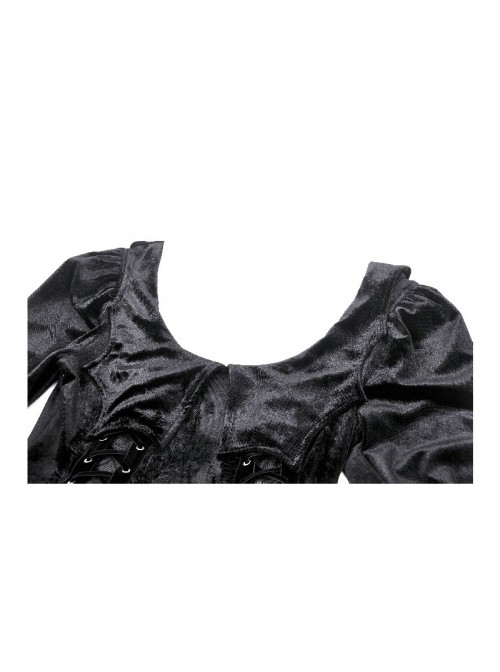 Black Elegant Velvet Unique Bat Deep U Neck Irregular Hem Gothic Style Long Sleeves Slim Dress