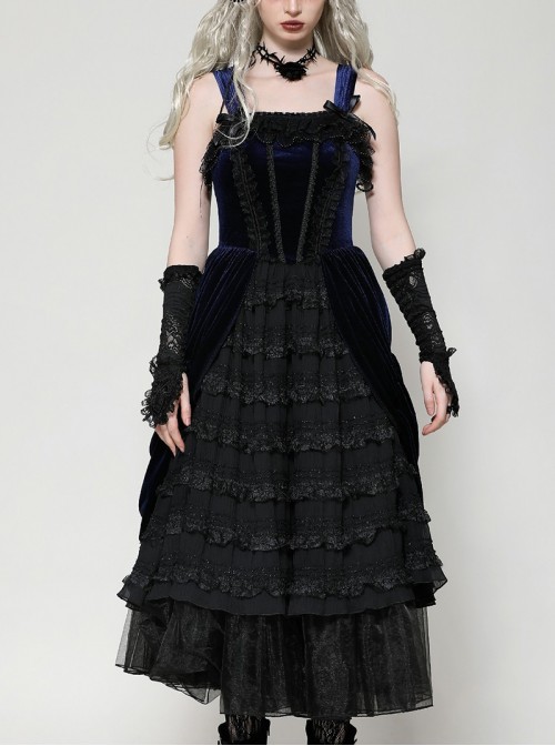 Blue Black Contrast Retro Gorgeous Lace Splicing Gothic Style Lolita Party Baby Doll Dress