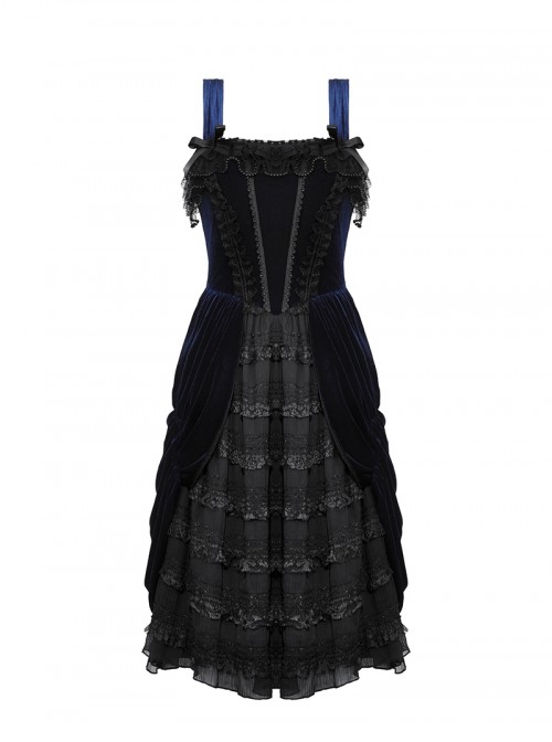 Blue Black Contrast Retro Gorgeous Lace Splicing Gothic Style Lolita Party Baby Doll Dress