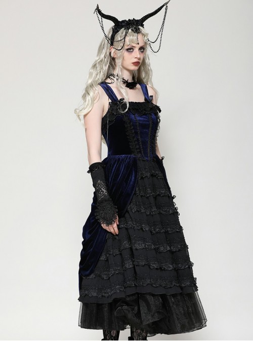Blue Black Contrast Retro Gorgeous Lace Splicing Gothic Style Lolita Party Baby Doll Dress