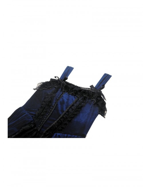 Blue Black Contrast Retro Gorgeous Lace Splicing Gothic Style Lolita Party Baby Doll Dress
