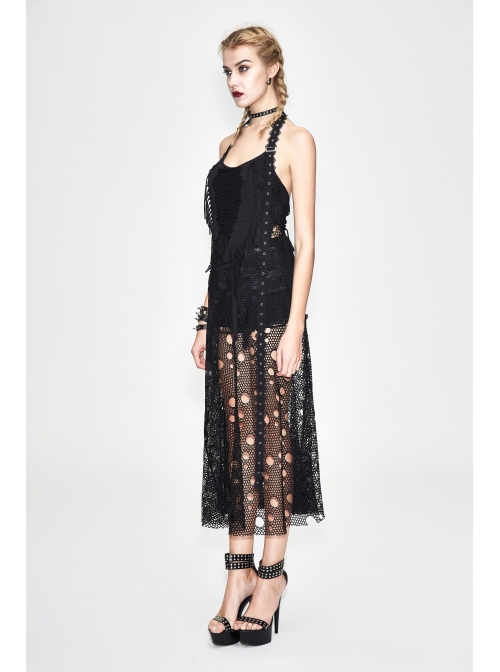 Black Hanging Neck Broken Holes Mesh Halter Punk Long Dress