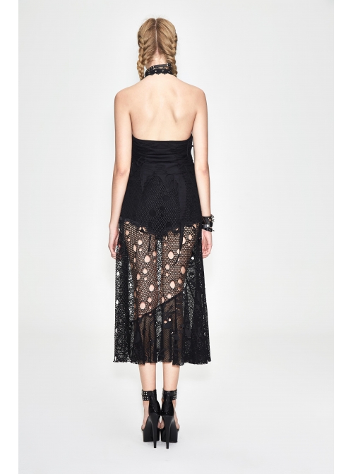 Black Hanging Neck Broken Holes Mesh Halter Punk Long Dress