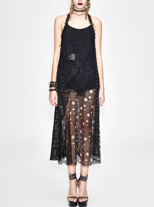 Black Hanging Neck Broken Holes Mesh Halter Punk Long Dress