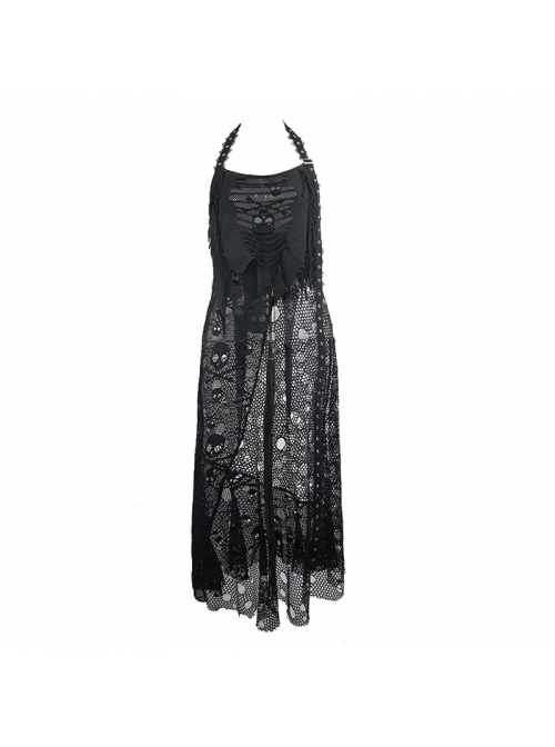 Black Hanging Neck Broken Holes Mesh Halter Punk Long Dress