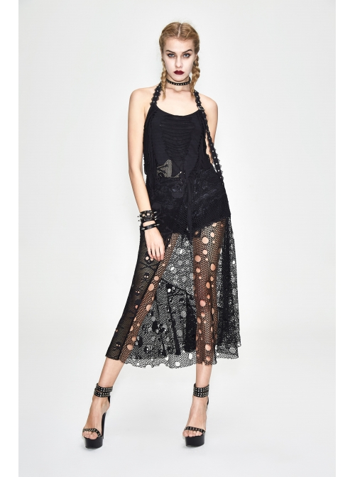 Black Hanging Neck Broken Holes Mesh Halter Punk Long Dress