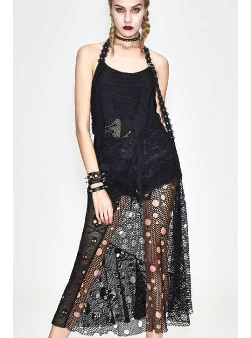 Black Hanging Neck Broken Holes Mesh Halter Punk Long Dress