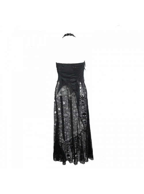 Black Hanging Neck Broken Holes Mesh Halter Punk Long Dress
