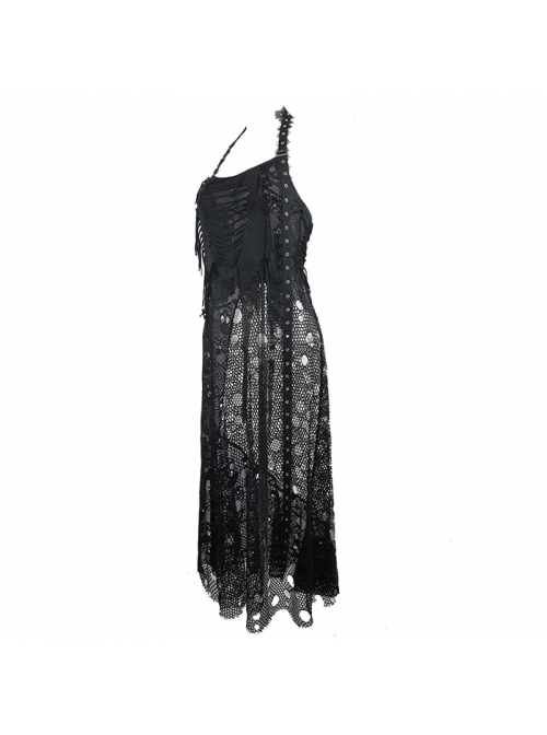 Black Hanging Neck Broken Holes Mesh Halter Punk Long Dress