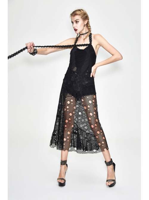 Black Hanging Neck Broken Holes Mesh Halter Punk Long Dress