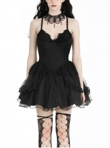 Black Swan Elegant Lace Mesh Patchwork Skirt Gothic Style Suspender Slim Dress