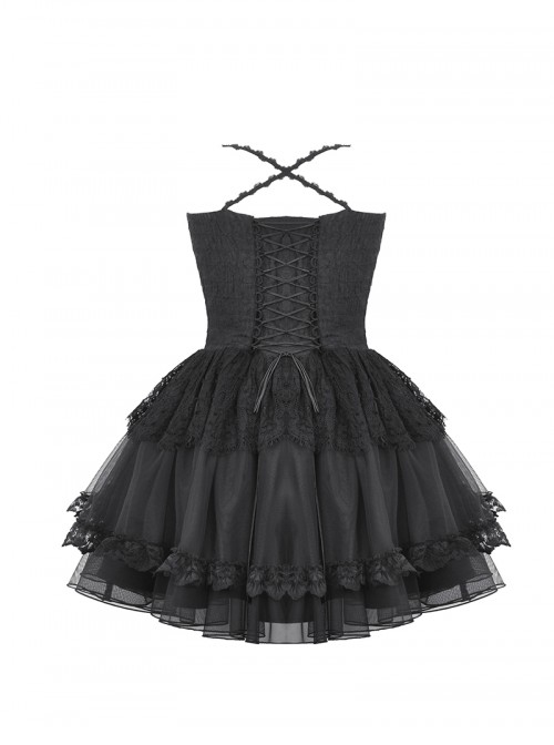 Black Swan Elegant Lace Mesh Patchwork Skirt Gothic Style Suspender Slim Dress
