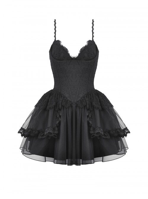 Black Swan Elegant Lace Mesh Patchwork Skirt Gothic Style Suspender Slim Dress