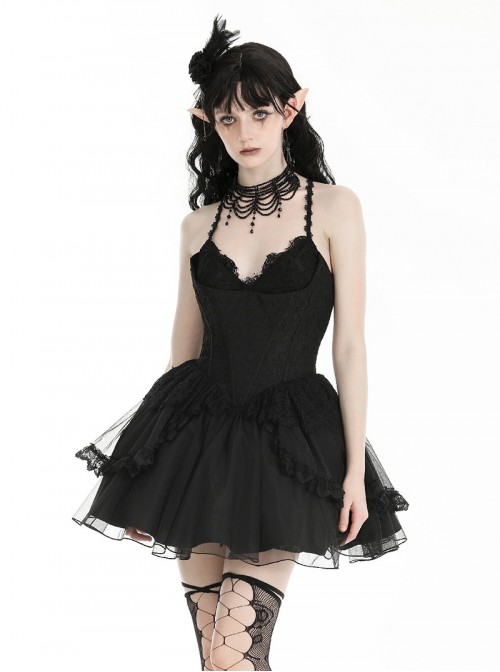 Black Swan Elegant Lace Mesh Patchwork Skirt Gothic Style Suspender Slim Dress