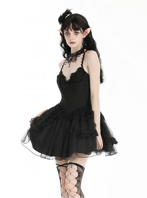 Black Swan Elegant Lace Mesh Patchwork Skirt Gothic Style Suspender Slim Dress