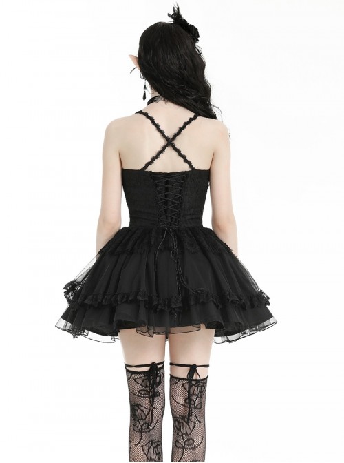Black Swan Elegant Lace Mesh Patchwork Skirt Gothic Style Suspender Slim Dress