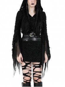 Black Dark Irregular Hole Design Gothic Style Long Sleeves Slim Hooded Dress