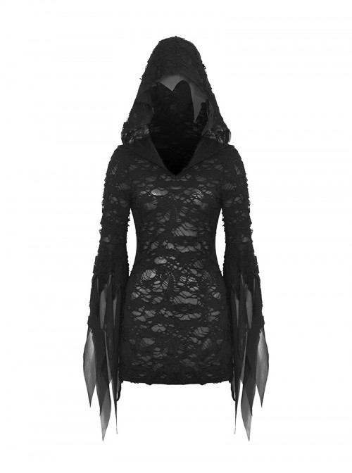 Black Dark Irregular Hole Design Gothic Style Long Sleeves Slim Hooded Dress