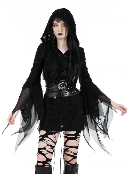 Black Dark Irregular Hole Design Gothic Style Long Sleeves Slim Hooded Dress