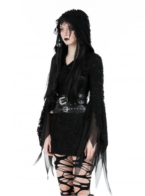 Black Dark Irregular Hole Design Gothic Style Long Sleeves Slim Hooded Dress