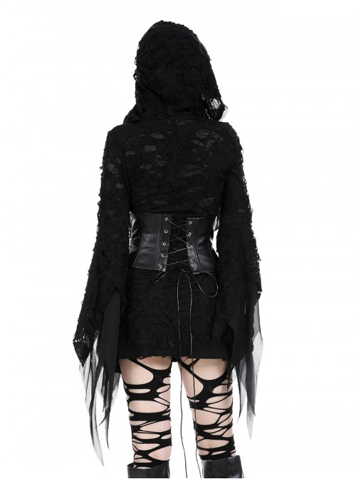 Black Dark Irregular Hole Design Gothic Style Long Sleeves Slim Hooded Dress