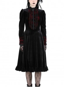 Black Red Stitching Dark Vampire Style Luxury Velvet Exquisite Lace Decoration Gothic Style Dress