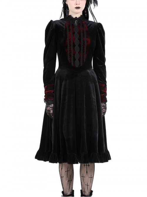Black Red Stitching Dark Vampire Style Luxury Velvet Exquisite Lace Decoration Gothic Style Dress