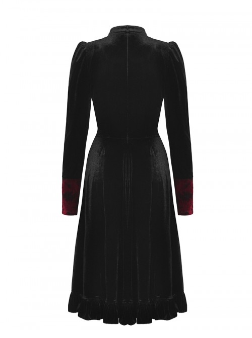 Black Red Stitching Dark Vampire Style Luxury Velvet Exquisite Lace Decoration Gothic Style Dress