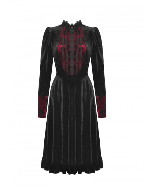 Black Red Stitching Dark Vampire Style Luxury Velvet Exquisite Lace Decoration Gothic Style Dress