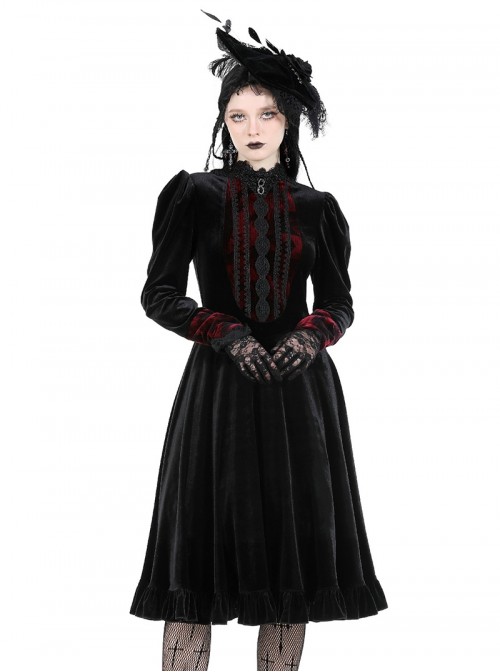 Black Red Stitching Dark Vampire Style Luxury Velvet Exquisite Lace Decoration Gothic Style Dress