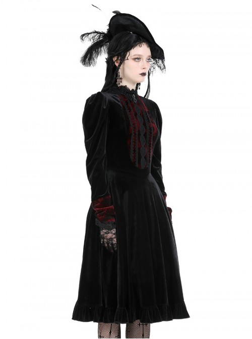 Black Red Stitching Dark Vampire Style Luxury Velvet Exquisite Lace Decoration Gothic Style Dress
