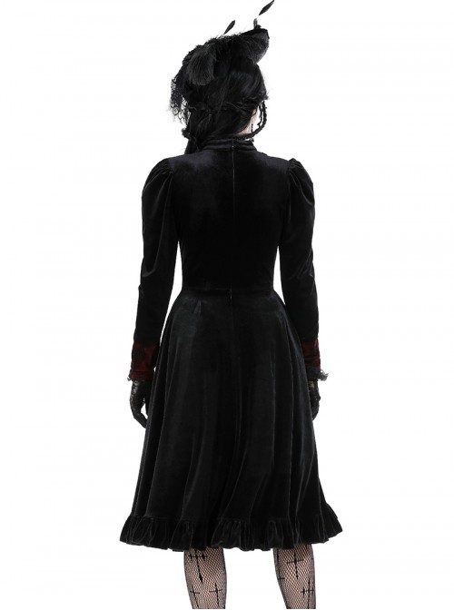 Black Red Stitching Dark Vampire Style Luxury Velvet Exquisite Lace Decoration Gothic Style Dress