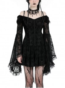 Black Sexy Dreamy One Shoulder Design Exquisite Layered Lace Gothic Style Trumpet Sleeves Dress