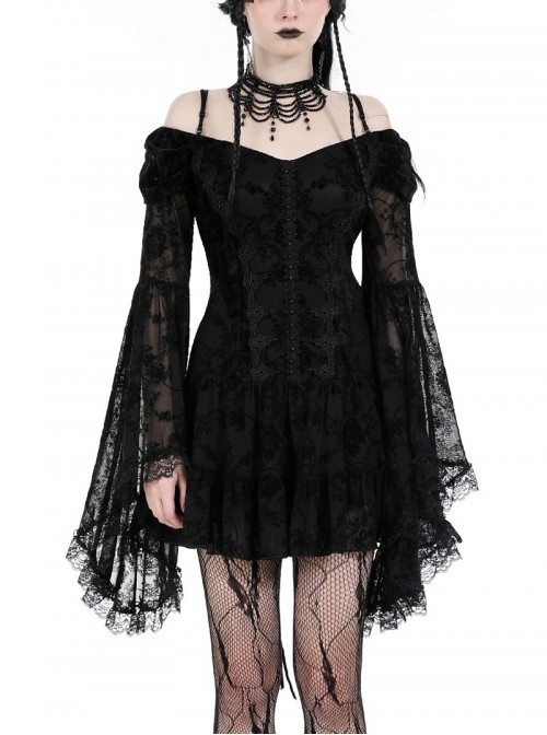 Black Sexy Dreamy One Shoulder Design Exquisite Layered Lace Gothic Style Trumpet Sleeves Dress
