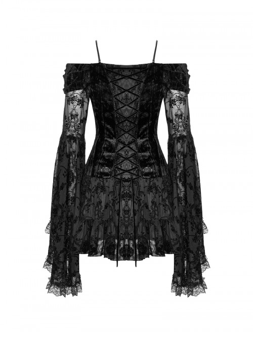 Black Sexy Dreamy One Shoulder Design Exquisite Layered Lace Gothic Style Trumpet Sleeves Dress