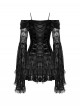 Black Sexy Dreamy One Shoulder Design Exquisite Layered Lace Gothic Style Trumpet Sleeves Dress
