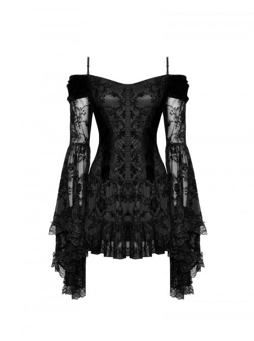 Black Sexy Dreamy One Shoulder Design Exquisite Layered Lace Gothic Style Trumpet Sleeves Dress