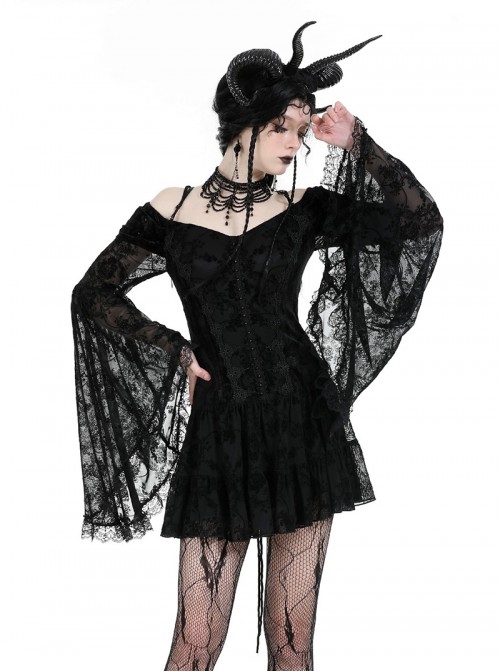 Black Sexy Dreamy One Shoulder Design Exquisite Layered Lace Gothic Style Trumpet Sleeves Dress